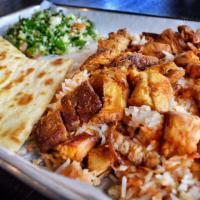 Sultan (Chicken & Gyro) Platter · Served with rice, pita, Greek Salad, and tzatziki sauce