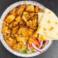 Chicken Platter · Served with rice, pita, Greek Salad and tzatziki sauce.