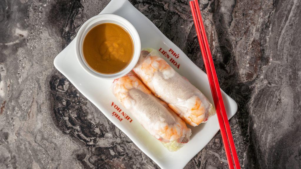 A1 Fresh Spring Rolls (2) / Goi Cuon · Rice paper roll with shrimp, pork, lettuce and vermicelli noodles. Served with peanut dipping sauce.