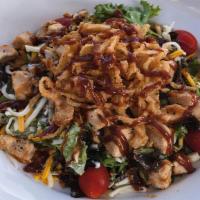 Bbq Ranch Chicken Salad · Grilled chicken, mixed greens, tomato, 3 cheese blend, fried onion strings, BBQ sauce & ranch.