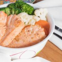 Teriyaki Salmon · Fresh salmon, carrot, zucchini, broccoli, cauliflower and white onion grilled with teriyaki ...