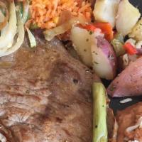 Desayuno Tio Luis · Cecina steak and two eggs cook any style, chile toreados, and green onions served with refri...