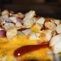 Bbq Chicken Flatbread · Pesto, grilled chicken, red onion, cheddar cheese and BBQ sauce.