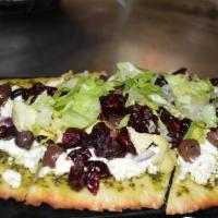 Goat Cheese Flatbread · Pesto, Goat cheese, artichoke, Kalamata olives, red onion, tard cranberry and thin slice let...