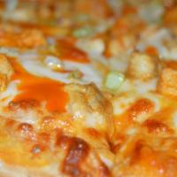Buffalo Pizza · Buffalo sauce, mozzarella & provolone mix, diced chicken, cheddar cheese, diced celery. Glaz...