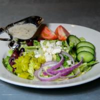 ''Greek'' Salad · Romaine lettuce, cherry tomatoes, cucumber, kalamata olives, sliced red onion, feta cheese a...