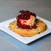 Banana Bread Beer Waffle · Beer infused Waffle with vanilla ice cream topped with strawberry preserves