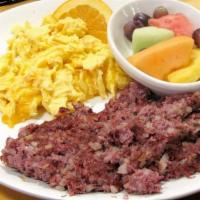 Cornbeef Hash & Eggs · Home made corned beef.. Served with two Grade AA farm fresh eggs, your choice of hash browns...