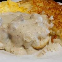 Biscuits & Gravy · Southern biscuits topped with homemade. sausage gravy. Served with hash. browns and two eggs...