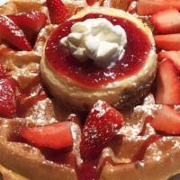 Strawberry Cheesecake Waffle · Topped with our homemade cheesecake. sauce and fresh strawberries. Sprinkled. with a graham ...