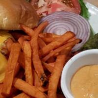 Jack & Cheddar Burger · Two kinds of cheese makes this halfpound beef burger twice as nice