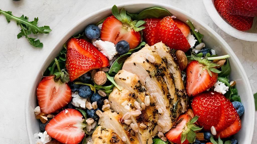 Laura'S Sweet & Wild Salad · Spinach strawberries blueberries roasted pecans avocado, scallions blue cheese and chicken breast with our own cranberry vinaigrette dressing.