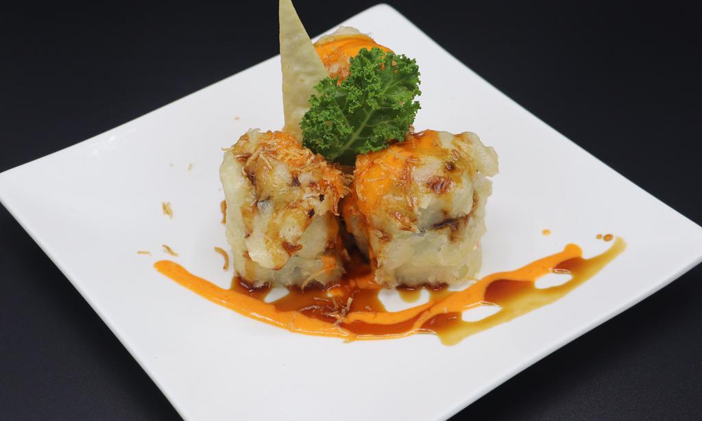 Honey Stone Roll · Deep fried crab, avocado, shrimp tempura, and cream cheese.