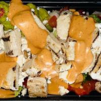 Loaded Chicken Rice Bowl · Mojito lime rice loaded with chicken, all good sauce, Cheddar cheese, onion, red pepper, gre...