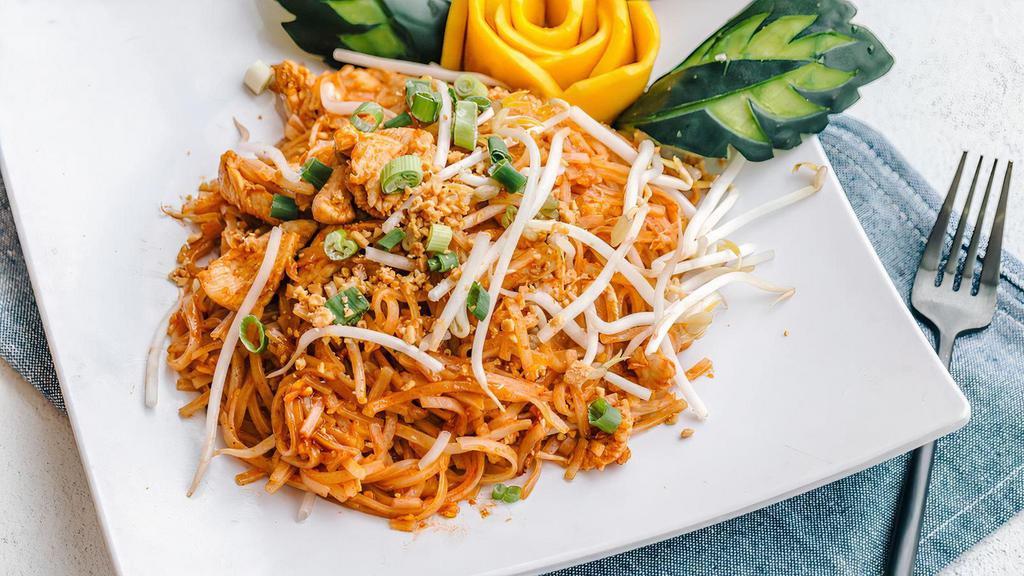 Chicken Pad Thai By Thai55 · By Thai55. Chicken, stir-fried thin rice noodles with bean sprouts, crushed peanut and egg. Gluten-Free. Contains peanuts and eggs. We cannot make substitutions.