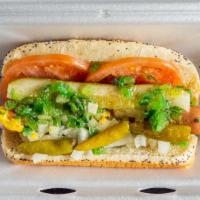 Chicago Dog With Fries · Vienna beef hot dog topped with mustard, relish, onion, sport peppers, tomato, pickle spear,...