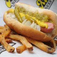 Original Dog With Fries · Vienna beef hot dog topped with mustard, relish, onion, sport peppers on poppy seed bun and ...