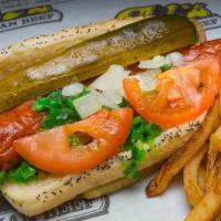 Chicago Polish · 1/3 lb char-grilled polish sausage with mustard, relish, onion, sport peppers, tomato, pickl...