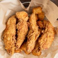 Chicken Tender Basket · Four hand-trimmed, beer-marinated chicken tenderloins dredged and fried to order; served wit...