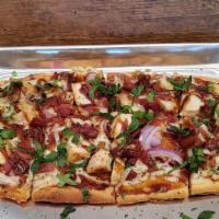 Bbq Chicken Flatbread · Diced chicken and bacon, red onion, BBQ sauce and pepper jack cheese.