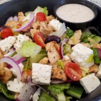 Greek Salad · Mixed greens, tomatoes, red onions, cucumbers, kalamata olives, feta cheese, grilled chicken.