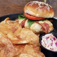 Chicken Club Sandwich · Grilled chicken chipotle ranch, lettuce, tomato, bacon, havarti cheese on an asiago bun.