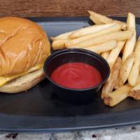 Kids' Burger · Ketchup mayo red onion pickle lettuce tomato american cheese on a brioche bun.