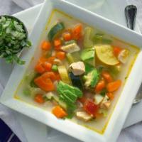 Chicken Vegetable Soup · Packed with a fresh assortment of vegetables. Served with avocado.