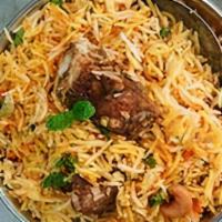 Goat Biryani · Goat meat, butter, Long grain Basmati Rice, Yak N Yeti Biryani Masala
