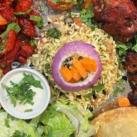 Yak N Yeti Khaja Set (Platter) · Combo plate of Khasi ko sekuwa, roasted shrimp, Chicken Tandoori, Chicken Tikka Kabab, Chick...
