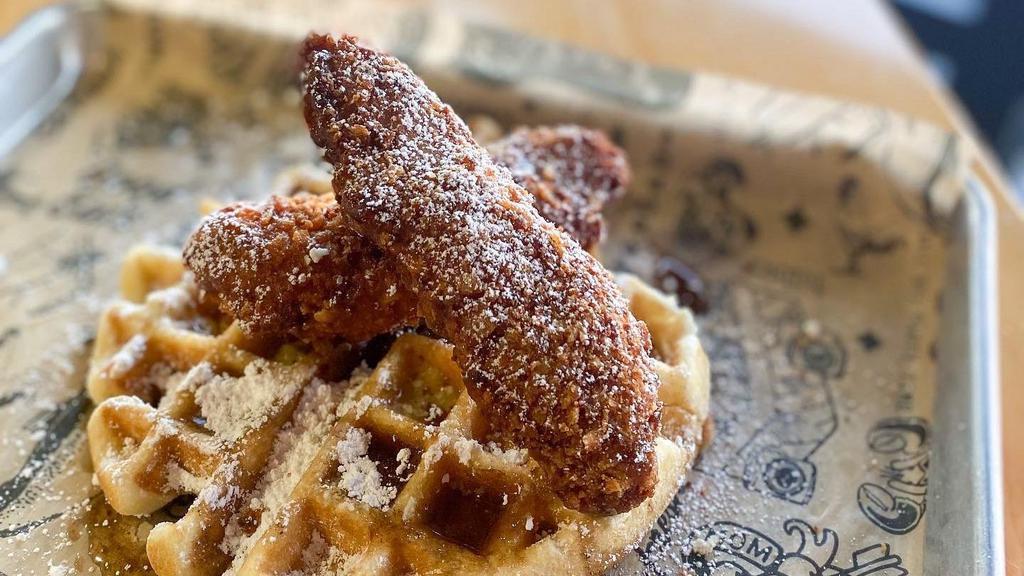 Sweet N Salty Chicken N Waffles · Sweet n Crispy Belgian Style Waffles with S&V potato chip Fried Chicken Tenders, Spicy Garlic Butter, 5 Spice Maple Syrup, and powdered sugar