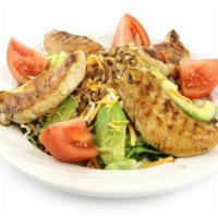 Chicken Pecan Dijon Salad · Mixed greens crowned with chicken, pecans, bacon, avocado, tomatoes, Monterey Jack and Chedd...