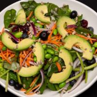 Super Food Spinach Salad · Baby spinach, blueberries, craisons, edamame, shredded carrots, diced red onion, avocado, an...
