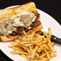B’S Philly Cheesesteak · Ribeye steak topped with bell peppers, onions, jalapenos, mushrooms, mayo, and provolone che...