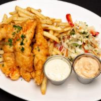 District Fish ‘N Chips · Chunks of Atlantic salmon battered and deep-fried to a golden crisp. Served with fries, Asia...