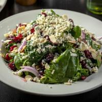 Cranberry Gorgonzola Salad · Spinach, mixed greens, dried cranberries, red onion, roasted almonds, Gorgonzola. Raspberry ...