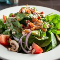 Spinach Salad · Smoked pancetta, goat cheese, red onion, baby spinach, mushroom, tomato. Balsamic vinaigrett...