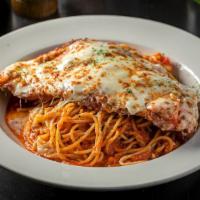 Chicken Parmesan · Breaded grilled chicken breast served over spaghetti with marinara with melted Mozzarella.