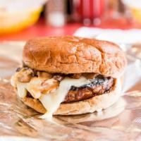 Shroom 'N Swiss Burger · Knight’s market hand-pressed burger patty (fresh, never frozen), char-grilled and served on ...