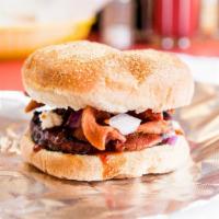 Go Bleu Burger · Applewood-smoked bacon, Bleu cheese, red onion and Ray’s bbq sauce. Go Bleu!