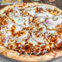 Bbq Chicken Pizza · Sweet & smokey BBQ sauce, shredded mozzarella, roasted chicken, red onions, oregano