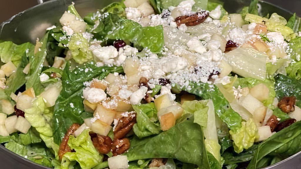 Harvest Salad · Romaine, spinach, diced apples, candied pecans, dried cranberries, feta, poppy seed dressing.