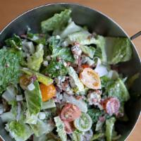 Chopped Blt Salad · Bacon, romaine, baby heirloom tomatoes, crumbled bleu cheese, red onions, cucumber, bleu che...