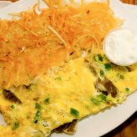 Gp Greek Omelet · Thinly sliced gyro meat, fresh green peppers, and onions with crumbled Feta cheese. Served w...