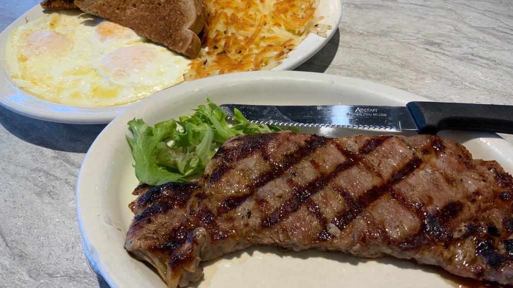 New York Steak & Eggs · With three eggs any style and hash browns or three buttermilk pancakes and toast.