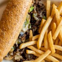 Philly Cheese Steak Sub · Shaved steak with grilled onions, peppers and swiss cheese.