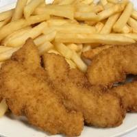 Chicken Strip Dinner · Country-style breaded and fried chicken tenders with french fries.