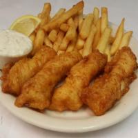 Fish & Chips · Choice cod fillets, hand battered and golden fried.