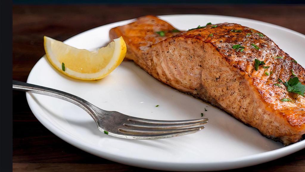 Grilled Atlantic Salmon · Served with potato or rice, vegetable and dill sauce.