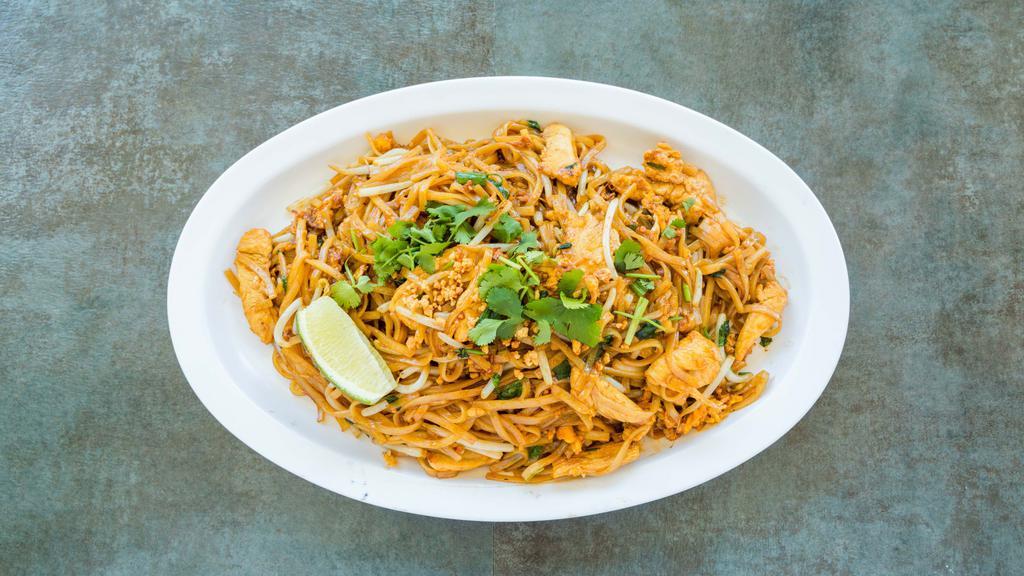 Pad Thai · Contains peanuts, gluten free. A Thai must-taste dish!  Our famous Thai dish brings you rice noodles mixed in our special house sauce topped with a handful of bean sprouts, peanuts and your choice of meat.
